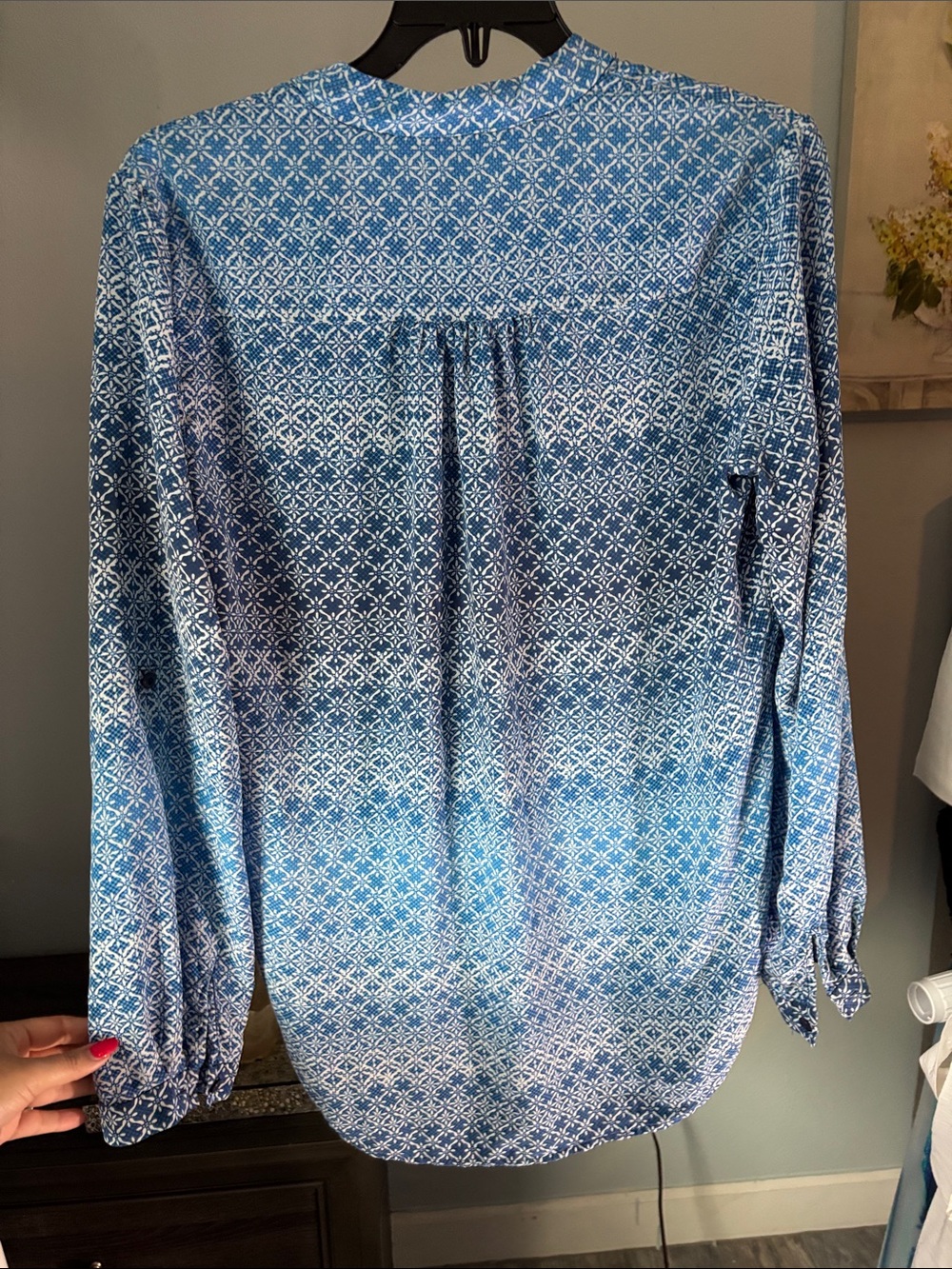 Diane Von Furstenberg Blue and White Printed Button-Down Blouse - Picture 8 of 12